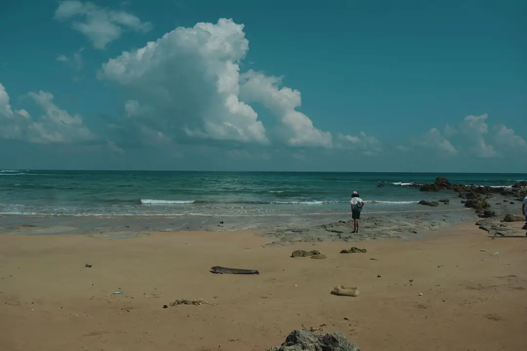 A person stands on a tranquil beach in Andaman, India, under a clear blue sky.
