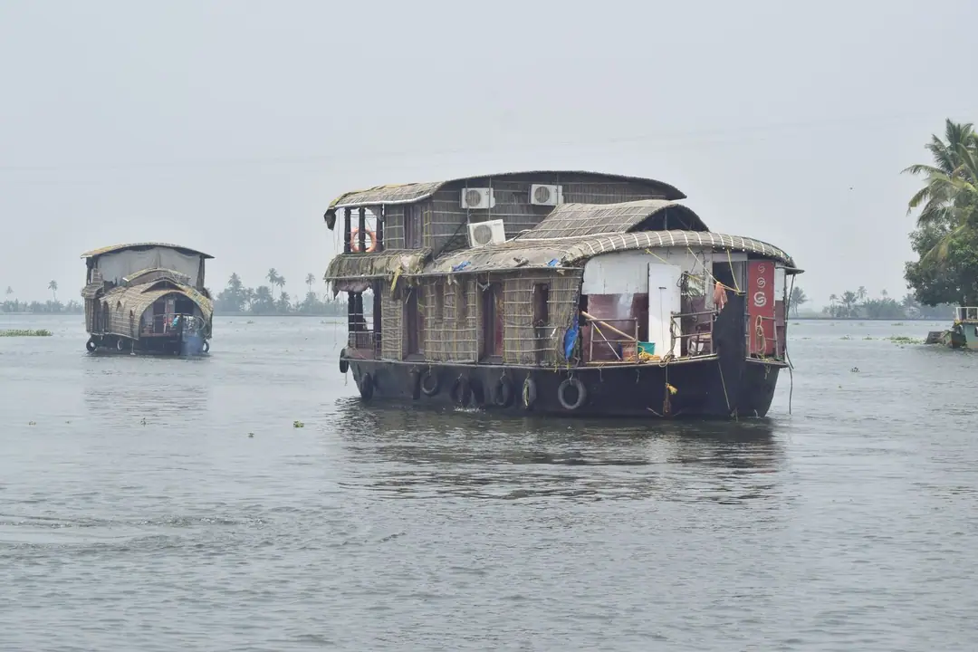 Traditional houseboats cruise the serene backwaters of Alappuzha, Kerala, India.