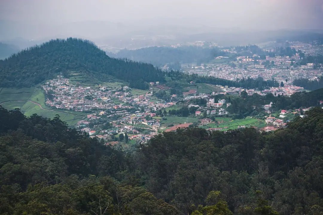 Aerial view of lush Ooty hills and townscape surrounded by verdant forests.