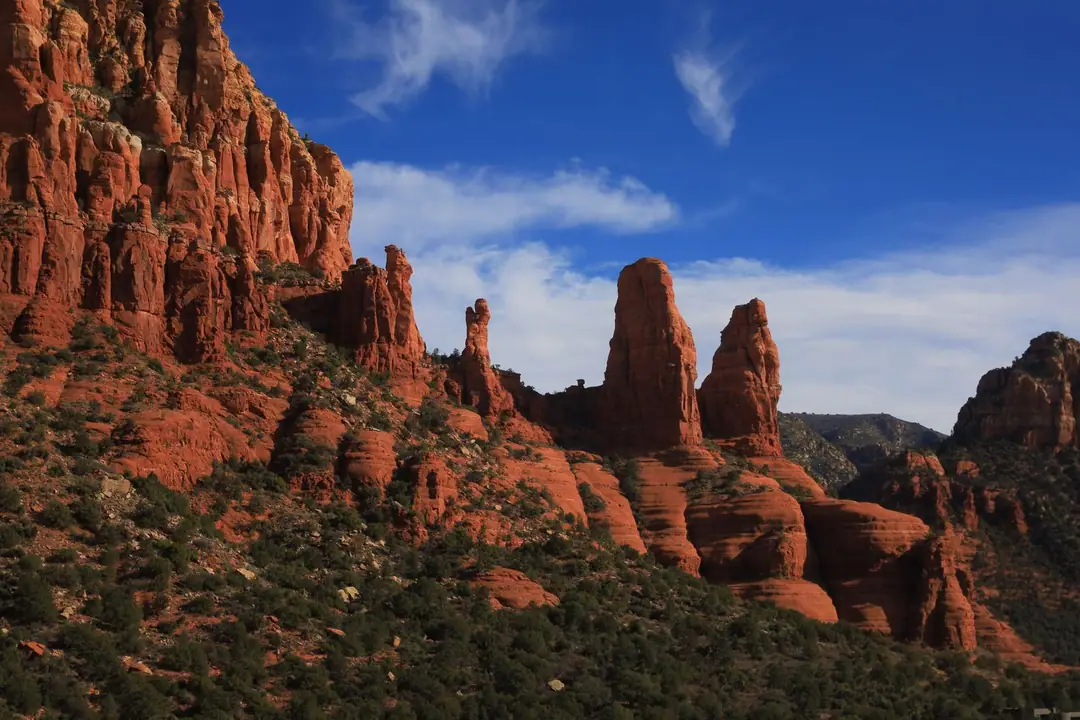 Breathtaking view of red rock formations under blue sky in Sedona, Arizona.